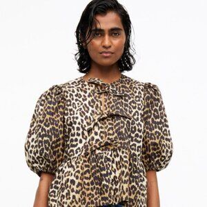 Leopard Cotton Poplin Peplum Tie Blouse